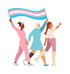 Multicolor-skinned girls on a white background. Woman with a prosthetic leg. Illustration for International Mother's Day, Women's Day, LGBT parade, or International Day of Persons with Disabilities.