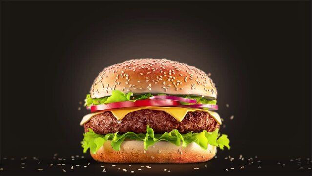 Burger falling beef, bun, vegetables slow motion, depth of field