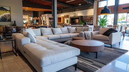 Couches and living room sets are displayed inside of furniture store