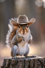 Squirrel in a tiny cowboy hat, rustic studio theme, warm lighting, action pose, playful , Prime Lenses