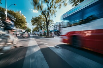 a blurry image of a bus driving down a street - obrazy, fototapety, plakaty