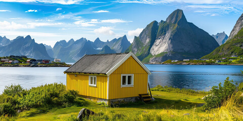 Naklejka premium Cute yellow house on the lake in the mountains 