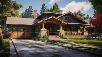 craftsman home exterior with stone path and wooden garage doors, created with generative ai AI generated