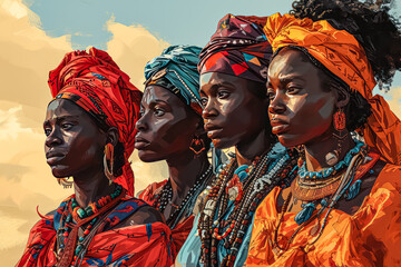 Four women wearing colorful head scarves stand together. The women are dressed in traditional African clothing and are wearing a variety of necklaces and bracelets - obrazy, fototapety, plakaty