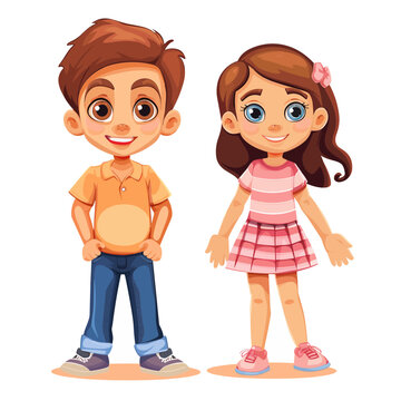 Cute little boy and girl cartoon vector illustration isolated on white background.