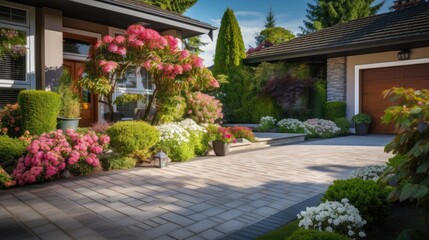 Entrance of a luxury house with a patio and flowers in Vancouver, Canada. Home exterior with patio area with nice landscaping desing around. Nobody, selective focus, street photo