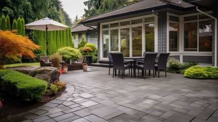 Entrance of a luxury house with a patio in Vancouver, Canada. Home exterior with patio area with nice landscaping desing around. Nobody, selective focus, street photo
