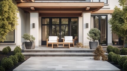 Obraz premium Entrance of a luxury house with a patio and flowers in Vancouver, Canada. Home exterior with patio area with nice landscaping desing around. Nobody, selective focus, street photo