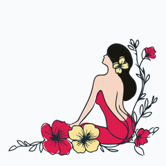 Romantic Girl Sitting with Her Back in Flowers on white background . Harmony of Human and Nature. Vector Corner Illustration with Space for Text. 