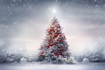 a christmas tree with red ornaments and snow