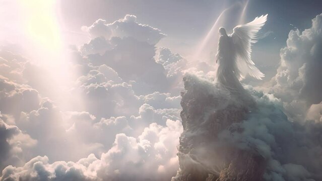 Guardian angel in the clouds of heaven. Spiritual background. Archangel. Heavenly angelic spirit with wings. White angel. Belief. Afterlife. Spiritual Angel. Blessing. Sky clouds with bright light ray
