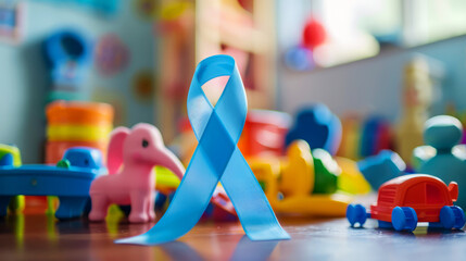 Blue autism awareness ribbon amidst colorful children's toys, highlighting inclusivity and support.