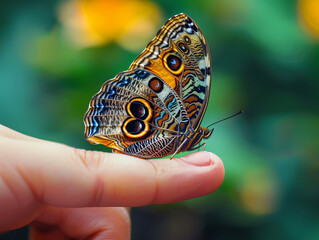 Delicate butterfly perched on a human finger, a tender interaction showcasing nature's fragility and beauty.