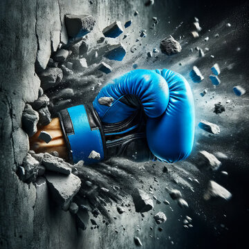 Dynamic image of a blue boxing glove punching through a concrete wall, conveying power and breakthrough.