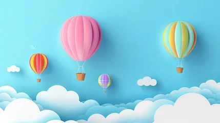 Afwasbaar Fotobehang Luchtballon 3d paper cut style colorful hot air balloons flying in the sky with clouds background