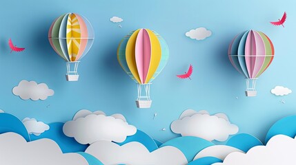 Obraz premium 3d paper cut style colorful hot air balloons flying in the sky with clouds background