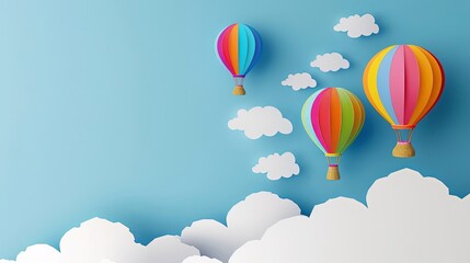Fototapeta na wymiar 3d paper cut style colorful hot air balloons flying in the sky with clouds background