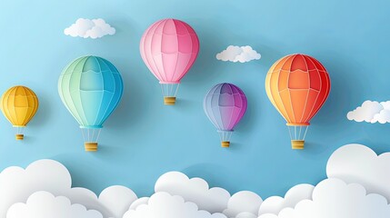 Naklejka premium 3d paper cut style colorful hot air balloons flying in the sky with clouds background