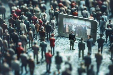 Man watching phone screen with crowd