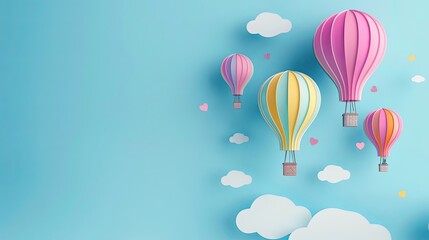 Obraz premium 3d paper cut style colorful hot air balloons flying in the sky with clouds background