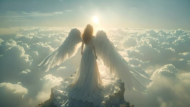 Guardian angel in the clouds of heaven. Spiritual background. Archangel. Heavenly angelic spirit with wings. White angel. Belief. Afterlife. Spiritual Angel. Blessing. Sky clouds with bright light ray