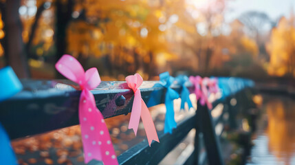 Awareness ribbons on a bridge railing, focused on pink, conveying support for breast cancer awareness. - obrazy, fototapety, plakaty
