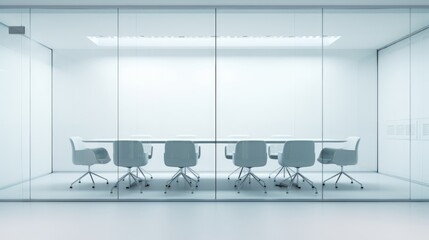 Front view of empty modern conference room with office table and chairs with white wall in glass...