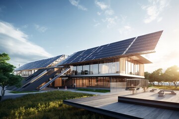 a building with solar panels on the roof - obrazy, fototapety, plakaty