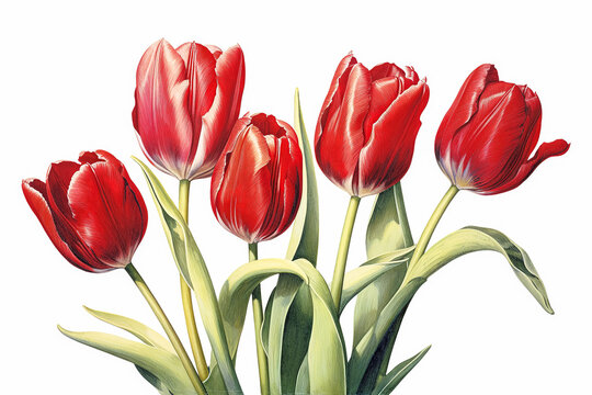 A bouquet of red tulips with green leaves.