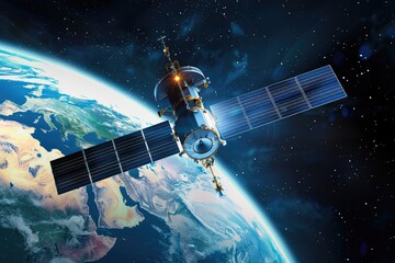 Communication satellite transmitting a signal in space.