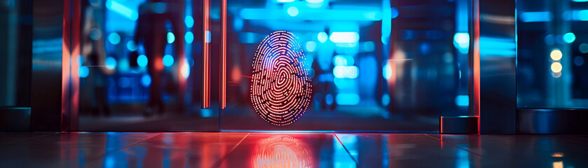Illuminated fingerprint scanner at office entry, neon lighting, night, eyelevel, exclusive access - obrazy, fototapety, plakaty