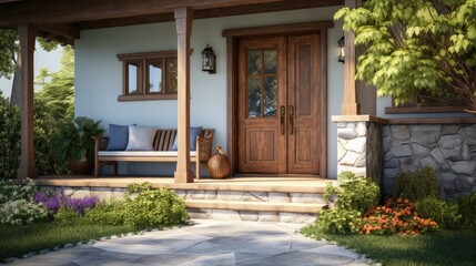 Home exterior with concrete porch overlooking landscaped yard and paved driveway. A wooden swing bench is in front of the front door and window.