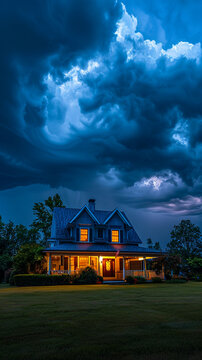 House under umbrella, storm clouds above, twilight glow, safety in adversity, wide angle, serene assurance