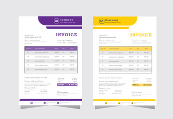purple and yellow color invoice template, vector clean invoice template design. 