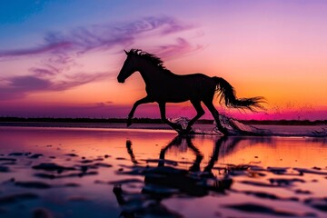 a horse running on the beach - obrazy, fototapety, plakaty
