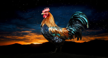 Portrait of a colorful rooster standing beneath a starry night sky