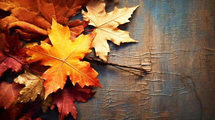 Close-up of autumn leaves lying on a textured table surface
