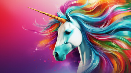 Portrait of a mythical unicorn with rainbow hair on colourful background