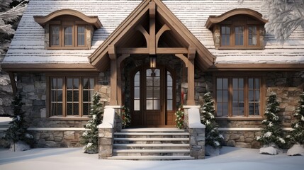 Home exterior with wood wnd stone wall under snowy roof with huge sharp icicles. Front door, transom window, and snoed in hill can also be seen in this winter scenery - obrazy, fototapety, plakaty
