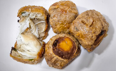 deep fried crab meat roll cake or Hoi Jo, full loaded crab meat in tofu wrap, Chinese restaurant food style