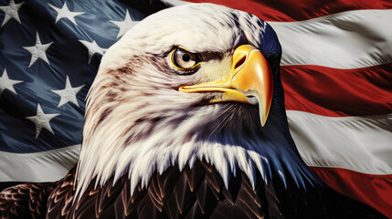 Portrait of a majestic Bald Eagle against the backdrop of the American flag