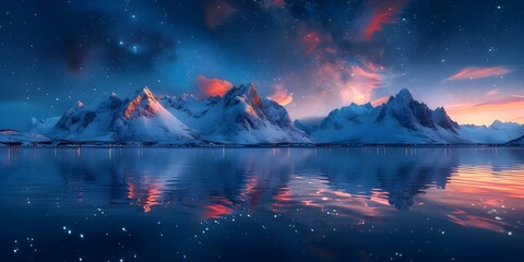 Awe-Inspiring Aurora Borealis in Lofoten Islands, Norway: Starlit Sky, Polar Lights, Snowy Mountains, and Frosty Coast. Concept Northern Lights, Lofoten Islands, Aurora Borealis, Norway - obrazy, fototapety, plakaty