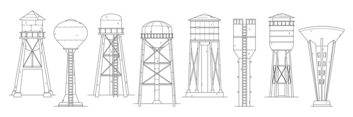 Water Towers Isolated Outline Monochrome Vector Icons Set. Elevated Structures Used To Store And Distribute Water - 773238572
