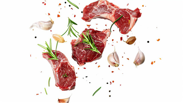 Steaming pieces of raw meat and sprigs of rosemary
