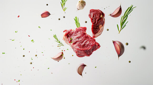 Steaming pieces of raw meat and sprigs of rosemary
