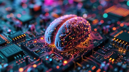 A colorful brain living on electronics, CPU, high technology, Artificial intelligence