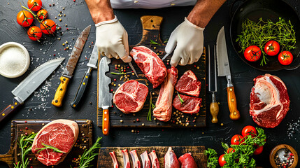 A skilled butcher demonstrating meat cutting techniques on a variety of meats, surrounded by traditional butchery tools. - obrazy, fototapety, plakaty