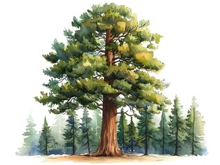 Sturdy Watercolor Sequoia Tree Towering Majestically Etched into White Space