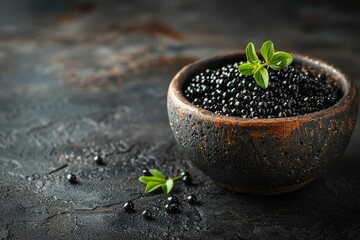 Wooden bowl with black caviar on a black background - obrazy, fototapety, plakaty