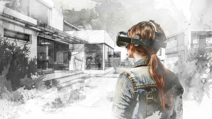 réalité virtuelle et architecture, personne qui visite une maison avec un casque VR. illustration ia générative
